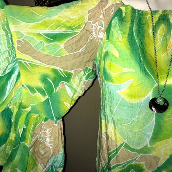 Indah Tops - INDAH Lime green lion flare sleeved blouse